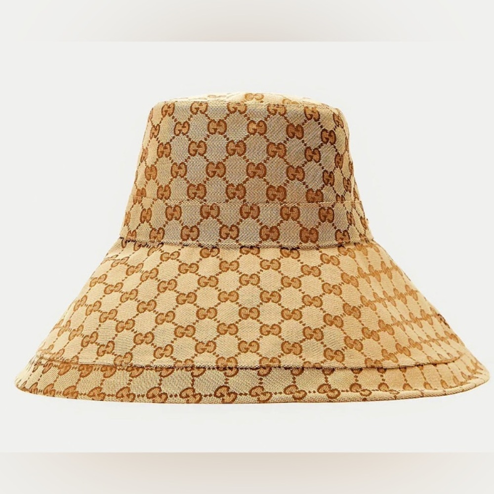 Gucci GG Monogram Bucket Hat Wide Large Brim Beige Tan Jacquard Canvas Denim - Picture 9 of 12